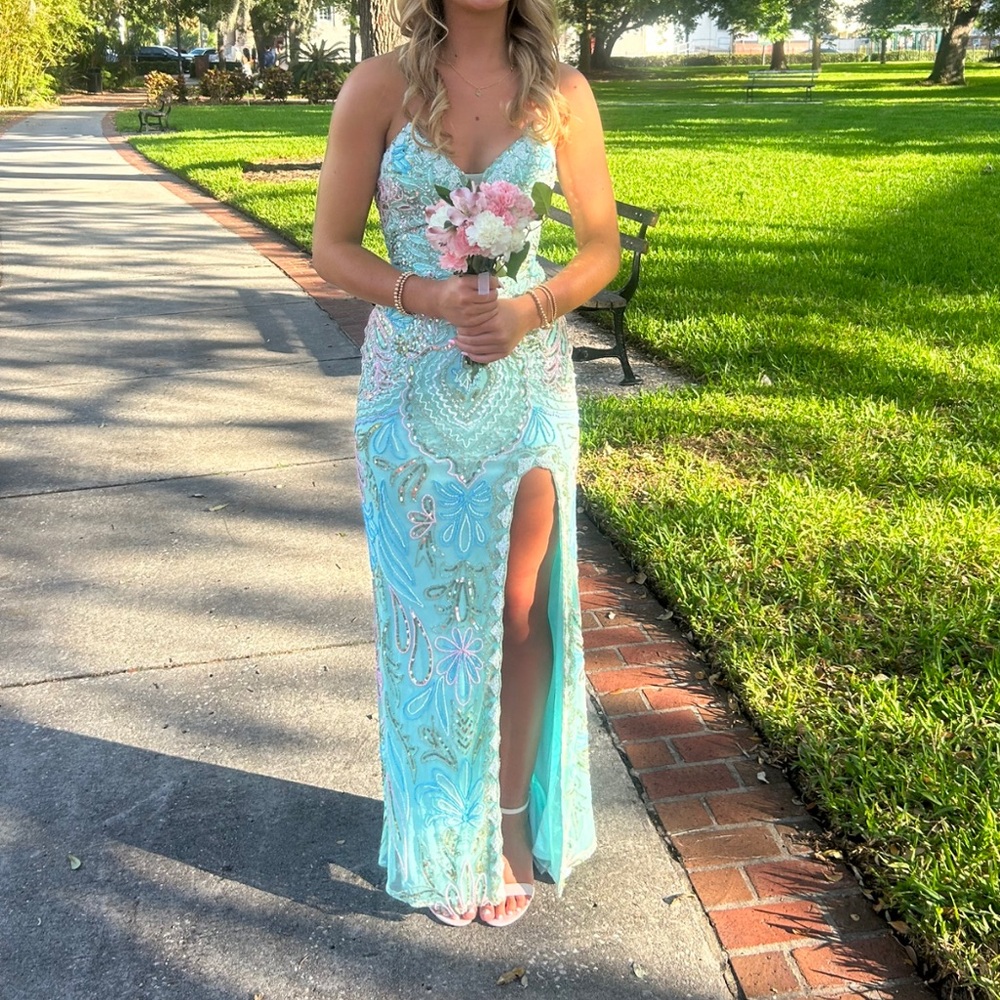 Aqua Prom Dress with Sequins and Beads